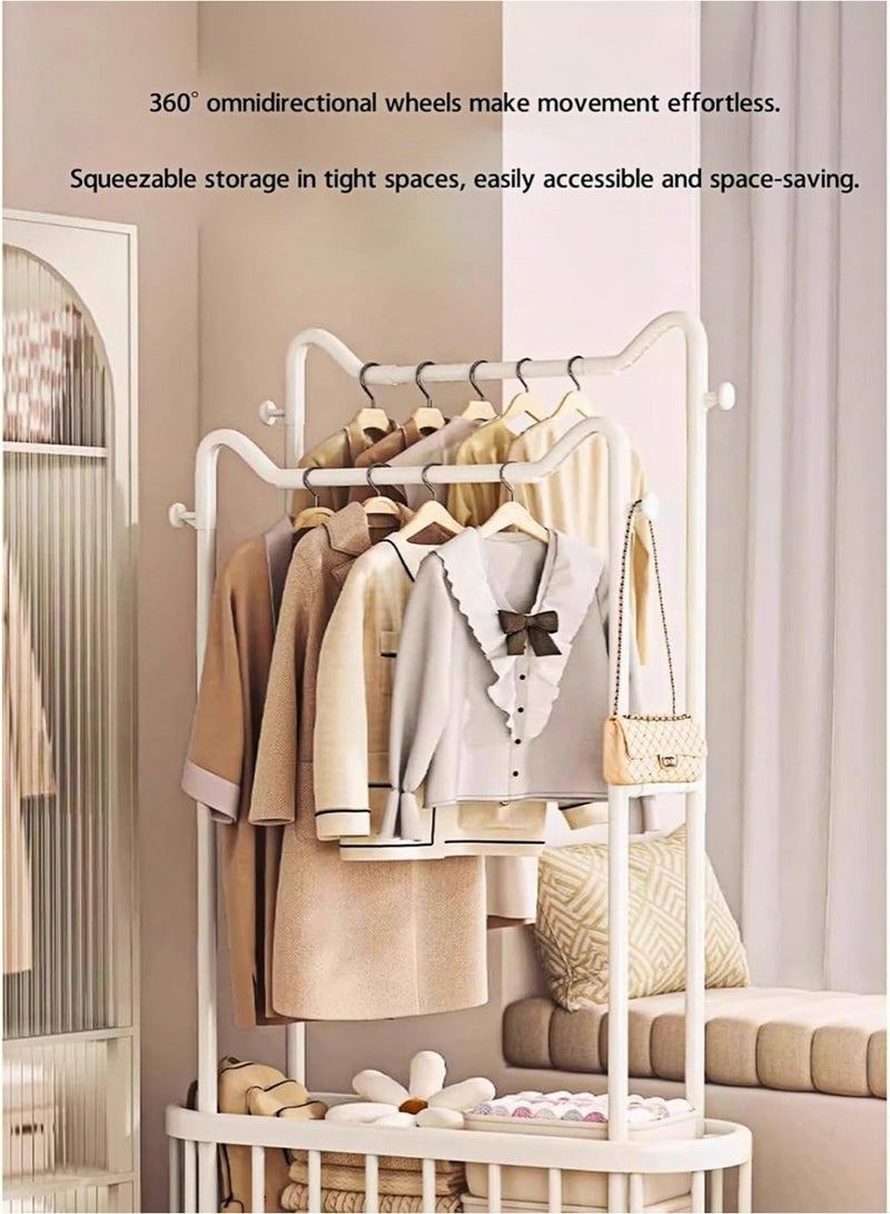 رف ملابس متين ذو عمودين مزود بعجلات قابلة للقفل، وتصميم خطاف على شكل أذن قطة، وسلة معدنية؛ مناسب لغرف النوم وغرف المعيشة والمساحات التجارية. - Image 3